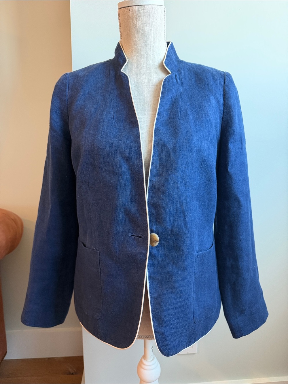 Talbots Aberdeen Navy Linen Herringbone Blazer with Cream Piping 6 P petite